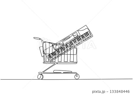 Single continuous line drawing shopping trolley containing keyboard. A very popular and versatile musical instrument. Singing melody. Buy A Musical Instrument Day. One line design vector illustration Single continuous line drawing shopping trolley containing keyboard. A very popular and versatile musical instrument. Singing melody. Buy A Musical Instrument Day. One line design vector illustration 133848446