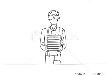 Single continuous line drawing man wear long sleeved shirt with suspender carrying stack of books and apple. Very fond of reading and healthy snack. Geek Pride Day. One line design vector illustration Single continuous line drawing man wear long sleeved shirt with suspender carrying stack of books and apple. Very fond of reading and healthy snack. Geek Pride Day. One line design vector illustration 133848455