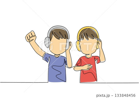 Continuous one line drawing two brothers wearing headphones and each holding his own. Enjoying first electronic gift. Entertainment media. Day of Brother. Single line draw design vector illustration 133848456