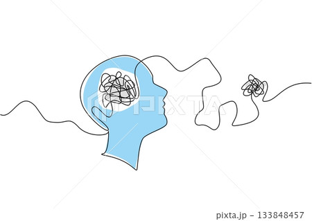 Single continuous line drawing silhouette of a head with a tangled ball of thread extending out of the head. Hallucinations. Delusions. World Schizophrenia Day. One line design vector illustration Single continuous line drawing silhouette of a head with a tangled ball of thread extending out of the head. Hallucinations. Delusions. World Schizophrenia Day. One line design vector illustration 133848457