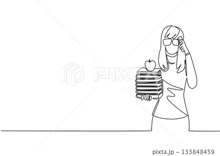 Continuous one line drawing woman dressed as a nerd, holding a stack of books and holding glasses. One day many books. Healthy lifestyles. Geek Pride Day. Single line draw design vector illustration Continuous one line drawing woman dressed as a nerd, holding a stack of books and holding glasses. One day many books. Healthy lifestyles. Geek Pride Day. Single line draw design vector illustration 133848459