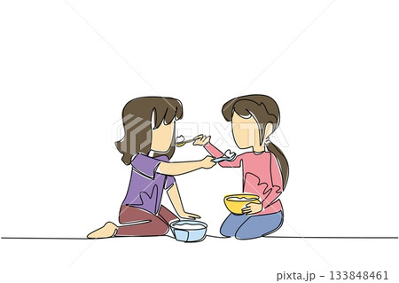 Single one line drawing two sisters feeding each other food. Sharing the delicious contents of the plate. Increase familiarity. Delicious. Day of Brother. Continuous line design graphic illustration Single one line drawing two sisters feeding each other food. Sharing the delicious contents of the plate. Increase familiarity. Delicious. Day of Brother. Continuous line design graphic illustration 133848461