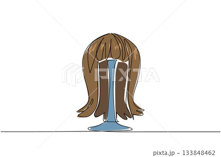 Single continuous line drawing hanging wig. The wig shown will change the appearance to be more beautiful and elegant. Disguised as an agent. National Wig Out Day. One line design vector illustration Single continuous line drawing hanging wig. The wig shown will change the appearance to be more beautiful and elegant. Disguised as an agent. National Wig Out Day. One line design vector illustration 133848462