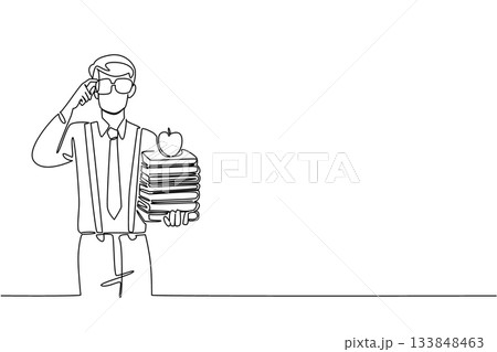 Single one line drawing man wear long sleeved shirt with suspender carrying stack of books and holds glasses. The librarian who is on a diet Geek Pride Day. Continuous line design graphic illustration Single one line drawing man wear long sleeved shirt with suspender carrying stack of books and holds glasses. The librarian who is on a diet Geek Pride Day. Continuous line design graphic illustration 133848463