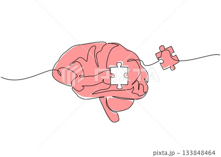 Continuous one line drawing brain in middle has puzzle pieces loose outside brain. Changes in chemical compounds in the brain. World Schizophrenia Day. Single line draw design vector illustration Continuous one line drawing brain in middle has puzzle pieces loose outside brain. Changes in chemical compounds in the brain. World Schizophrenia Day. Single line draw design vector illustration 133848464