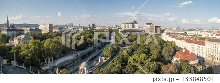 Panoramic view of Vienna, featuring the expansive Stadtpark and the Wienfluss (Vienna River) flowing through it 133848501
