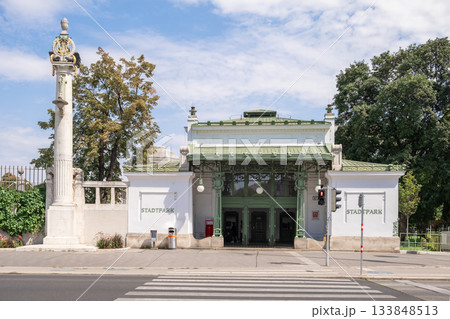 Stadtpark U-Bahn station, part of the iconic Vienna Stadtbahn system, showcasing classic Art Nouveau architecture designed by Otto Wagner 133848513