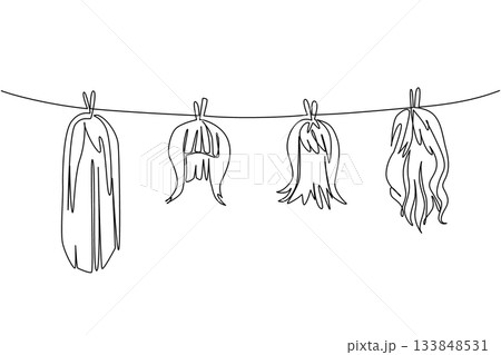 Single one line drawing 4 colorful wigs hung on a clothesline and held in place by clothespins. Care to keep it comfortable when worn. National Wig Out Day. Continuous line design graphic illustration 133848531