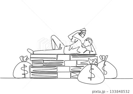 Single continuous line drawing a man lying on a pile of banknotes and fanning himself with the banknotes. Very abundant wealth. Achievement. Be a Millionaire Day. One line design vector illustration 133848532