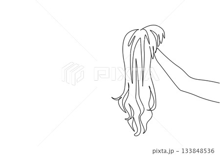 Single one line drawing wig held by hand. More beautiful appearance. Exhibits an aura of extraordinary beauty. Following the fashion. National Wig Out Day. Continuous line design graphic illustration Single one line drawing wig held by hand. More beautiful appearance. Exhibits an aura of extraordinary beauty. Following the fashion. National Wig Out Day. Continuous line design graphic illustration 133848536