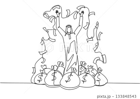 Continuous one line drawing Arab man standing on a pile of money bags while throwing banknotes. Smart investment. Become richer. Be a Millionaire Day. Single line draw design vector illustration 133848543