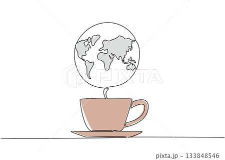 Single continuous line drawing a cup of tea with steam forming a world map. Tea seed cultivation in various countries. Relax in the morning. International Tea Day. One line design vector illustration 133848546