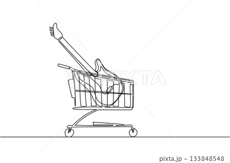 Single continuous line drawing shopping trolley containing electric guitar. Can produce various sound effects. Best buy. Rhythm. Buy A Musical Instrument Day. One line design vector illustration 133848548