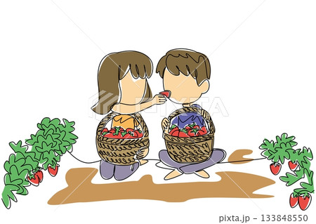 Single continuous line drawing a girl feeding a boy while sitting in the garden. Form attention. Give each other. Sweet. Freshness. National Pick Strawberries Day. One line design vector illustration Single continuous line drawing a girl feeding a boy while sitting in the garden. Form attention. Give each other. Sweet. Freshness. National Pick Strawberries Day. One line design vector illustration 133848550