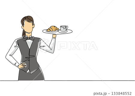 Continuous one line drawing a female waitstaff with apron holding a tray containing a mug and a croissant. A satisfying sweet taste. National Waitstaff Day. Single line draw design vector illustration 133848552