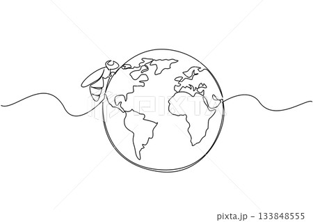 Single continuous line drawing globe being infested with bees. Flowering plants detected. Natural place providing safe nests. Produce the best honey. World Bee Day. One line design vector illustration Single continuous line drawing globe being infested with bees. Flowering plants detected. Natural place providing safe nests. Produce the best honey. World Bee Day. One line design vector illustration 133848555