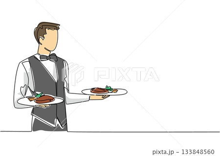 Single continuous line drawing a man wearing a waitress uniform carrying a plate of food in both hands. Work smartly. Value the time. Staff. National Waitstaff Day. One line design vector illustration 133848560