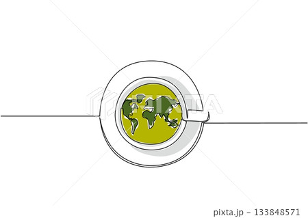 Single one line drawing a cup filled with tea with a saucer and a world map on the surface of the cup. Breakfast with a cup of tea. International Tea Day. Continuous line design graphic illustration 133848571