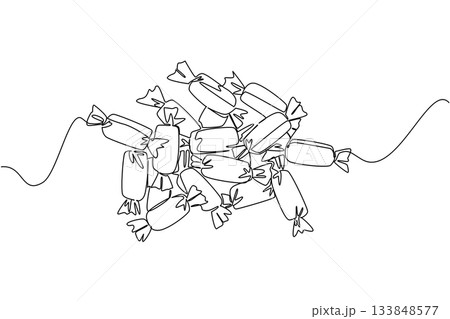 Continuous one line drawing pile of colorful candy. Bring plenty of stock to snack on while studying. Enjoy sweet and soft taste in one. National Taffy Day. Single line draw design vector illustration 133848577