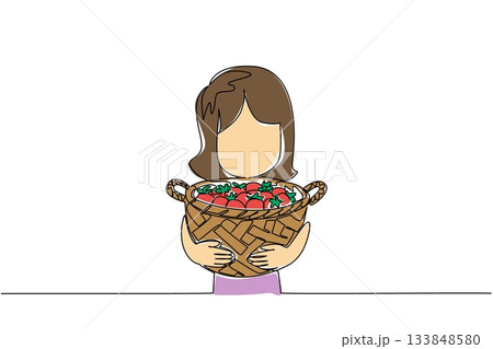 Single one line drawing a girl holding a wicker basket filled with strawberries. Seasonal fruit. Sweet. Healthy. Vitamin. National Pick Strawberries Day. Continuous line design graphic illustration Single one line drawing a girl holding a wicker basket filled with strawberries. Seasonal fruit. Sweet. Healthy. Vitamin. National Pick Strawberries Day. Continuous line design graphic illustration 133848580
