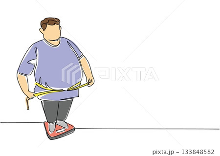 Continuous one line drawing fat man ties his stomach with a measuring tape standing on a scale. Intend to diet. Excessive obesity. Weights and Measures Day. Single line draw design vector illustration 133848582