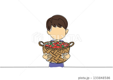 Single continuous line drawing a boy holding a wicker basket filled with strawberries. Happy during harvest season. Healthy. Sweet. National Pick Strawberries Day. One line design vector illustration 133848586