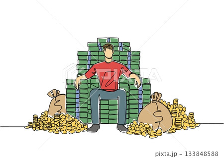 Continuous one line drawing a man sits on pile of banknotes and money bags that form throne of a king. The pinnacle of achievement. Be a Millionaire Day. Single line draw design vector illustration 133848588