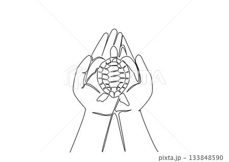 Continuous one line drawing the turtle is placed on two palms. Releasing newborn turtles into nature. Return it to its natural habitat. World Turtle Day. Single line draw design vector illustration Continuous one line drawing the turtle is placed on two palms. Releasing newborn turtles into nature. Return it to its natural habitat. World Turtle Day. Single line draw design vector illustration 133848590