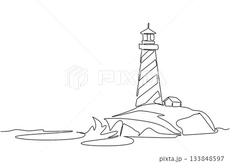Continuous one line drawing lighthouse on reef. Navigation aid for ships at night or in bad weather conditions. Adventure. The beacon National Maritime Day. Single line draw design vector illustration Continuous one line drawing lighthouse on reef. Navigation aid for ships at night or in bad weather conditions. Adventure. The beacon National Maritime Day. Single line draw design vector illustration 133848597