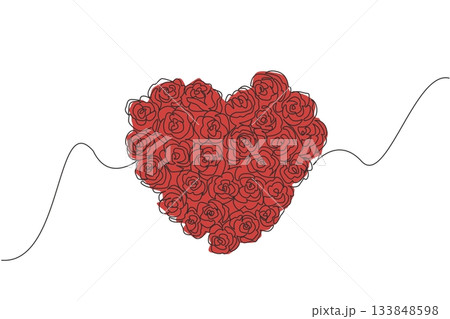 Single one line drawing a series of roses that form a heart shape. Red roses give a surprise of love. Symbol of love. Youth romance. Flirting. Flower Day. Continuous line design graphic illustration 133848598