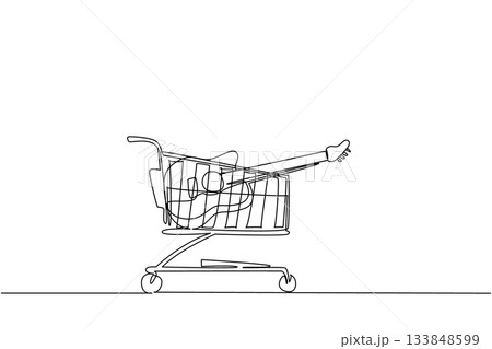 Continuous one line drawing shopping trolley containing acoustic guitar. Multi genre musical instruments. Equipment. Rhythm. Buy A Musical Instrument Day. Single line draw design vector illustration 133848599