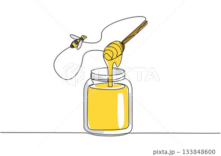 Continuous one line drawing bees flying around a honey jar and a wooden handle covered in honey. The sweetness of honey comes from bees. World Bee Day. Single line draw design vector illustration 133848600