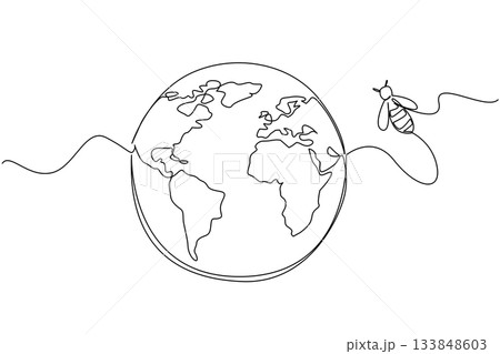 Single one line drawing a globe with bees flying around on the side. Bees migrate. Moving away from the decreasing best nesting grounds. World Bee Day. Continuous line design graphic illustration 133848603