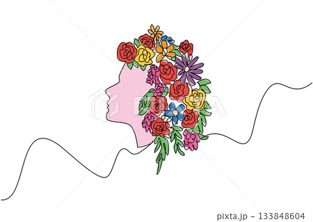 Continuous one line drawing a flower arrangement above head of woman. Beauty is always clearly depicted in the mind. Intelligence. Beautiful. Flower Day. Single line draw design vector illustration 133848604