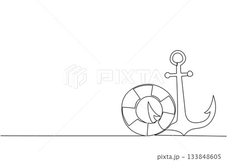 Single one line drawing anchor and lifebuoy side by side. Two important components in ship mooring. Prevents the ship from drifting. National Maritime Day. Continuous line design graphic illustration 133848605