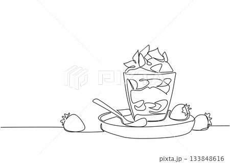 Continuous one line drawing a glass with cream and strawberry pieces with a small bowl base and spoon. Cold snacks. National Strawberries and Cream Day. Single line draw design vector illustration Continuous one line drawing a glass with cream and strawberry pieces with a small bowl base and spoon. Cold snacks. National Strawberries and Cream Day. Single line draw design vector illustration 133848616