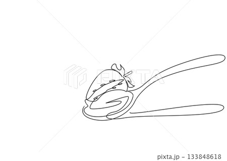 Single one line drawing wooden spoon with cream and whole strawberries. Sweet thick cream. Savory and fresh. Dessert. National Strawberries and Cream Day. Continuous line design graphic illustration Single one line drawing wooden spoon with cream and whole strawberries. Sweet thick cream. Savory and fresh. Dessert. National Strawberries and Cream Day. Continuous line design graphic illustration 133848618