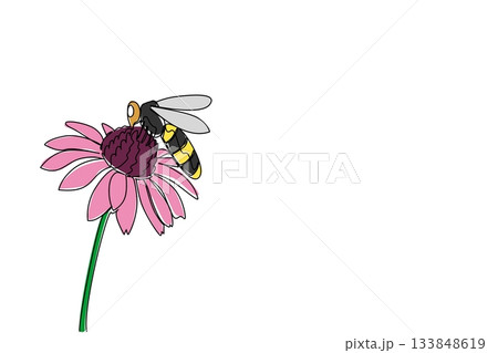Single continuous line drawing a bee landed on flower. Looking for enough food before returning to the nest in the evening. Just land in a good place World Bee Day. One line design vector illustration Single continuous line drawing a bee landed on flower. Looking for enough food before returning to the nest in the evening. Just land in a good place World Bee Day. One line design vector illustration 133848619