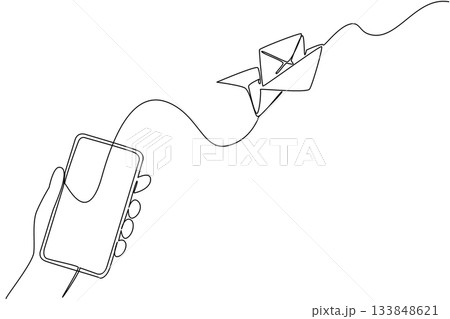 Single one line drawing paper airplane flying out of the smartphone screen. Send greetings via mobile application. Send an Electronic Greeting Card Day. Continuous line design graphic illustration Single one line drawing paper airplane flying out of the smartphone screen. Send greetings via mobile application. Send an Electronic Greeting Card Day. Continuous line design graphic illustration 133848621
