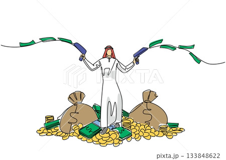 Single one line drawing Arab man stands on pile of money holds gun that shoot out banknotes in both hands. Fighting poverty. Stimulus. Be a Millionaire Day. Continuous line design graphic illustration Single one line drawing Arab man stands on pile of money holds gun that shoot out banknotes in both hands. Fighting poverty. Stimulus. Be a Millionaire Day. Continuous line design graphic illustration 133848622