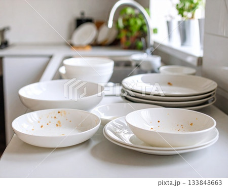 洗う前の汚れた皿 133848663