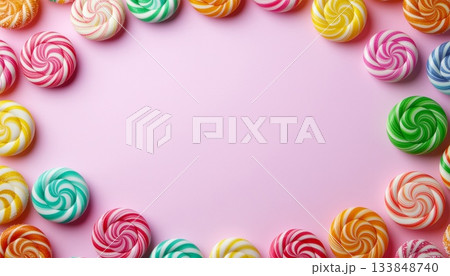 カラフルロリポップが並ぶ丸型ポップフレーム 133848740