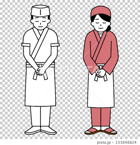 お辞儀をする和食店の男女の店員（全身）　セット 133848824