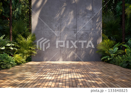 A serene of outdoor space with wooden deck, concrete panel wall, and lush tropical vegetation 3D render 133848825