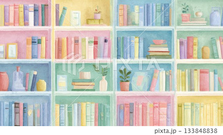 カラフルな本棚インテリアのパステル手描きアート背景素材 カラフルな本棚インテリアのパステル手描きアート背景素材 133848838