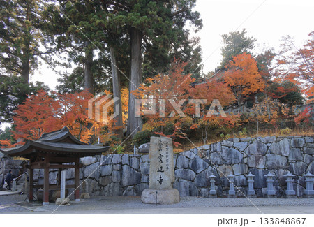 四国霊場第66番札所「雲辺寺」山門前の広場から鐘楼堂付近の紅葉を見る 133848867
