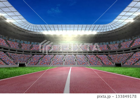 Flat design is showing red running track with white lane divider leading into modern stadium 133849178