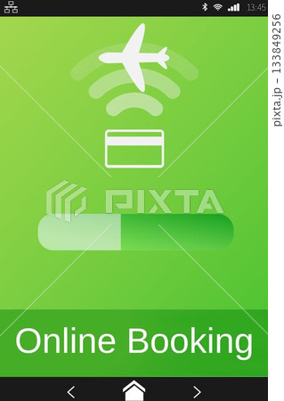 Flight booking screen is showing flat phone UI with airplane icon, loading bar and booking banner Flight booking screen is showing flat phone UI with airplane icon, loading bar and booking banner 133849256