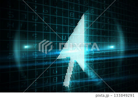 White dotted cursor arrow is floating in stylized digital scene with grid, light beams, lens flares White dotted cursor arrow is floating in stylized digital scene with grid, light beams, lens flares 133849291