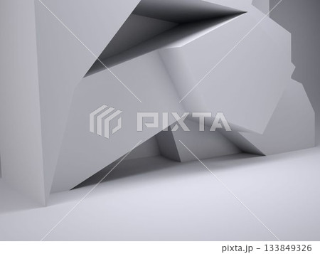 Abstract angular grey polygonal structure is rising in 3D render studio with bold facets 133849326
